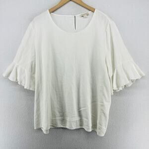 CYNTHIA ROWLEY Blouse 2X Linen Blend 3/4 Flutter Bell Sleeve Keyhole Back White